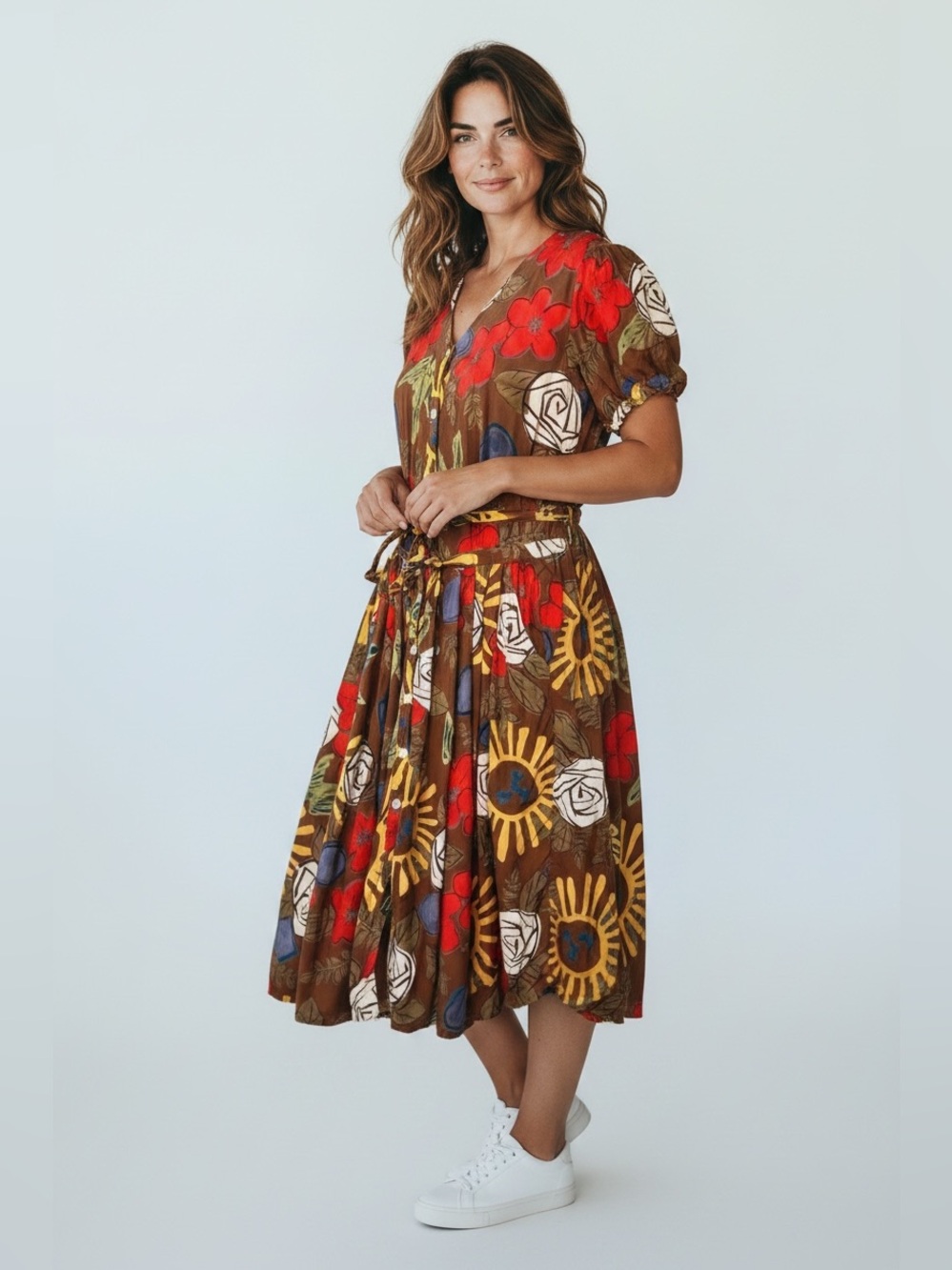 Rene Derby for Cotton Collection Womens Size Medium Brown Floral Dress Retro